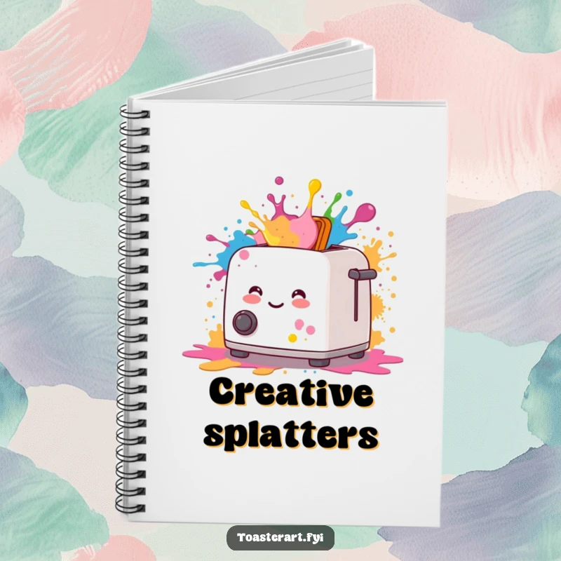 Funny notebook cover with a happy toaster artistically splattering colorful paint, perfect for jotting ideas.