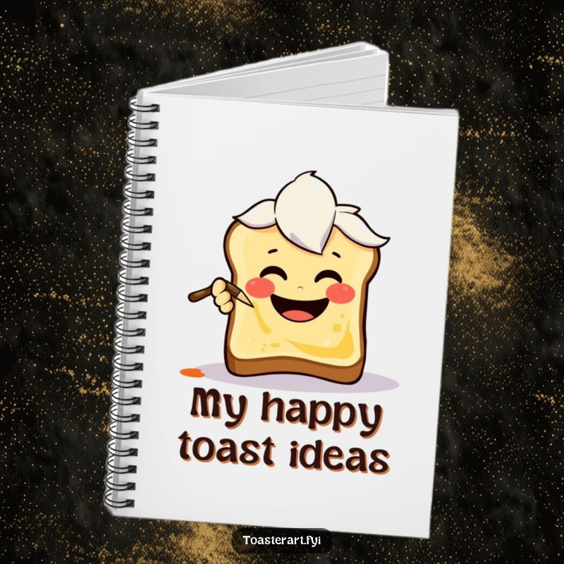 Funny Notebook with a joyful art brush character painting a smiley face on toast, inspiring humorous thoughts and creative ideas.