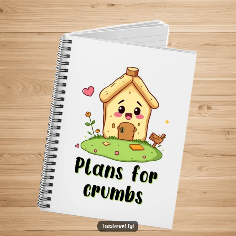 Funny notebook cover showing a bread crumb character comically building a tiny house, inspiring miniature projects and creative note-taking.