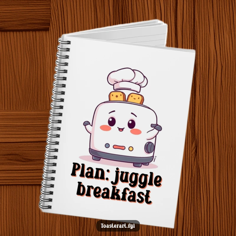 Funny Notebook with a skilled toaster chef in a hat, juggling toast slices, ideal for jotting down notes and inspiration.