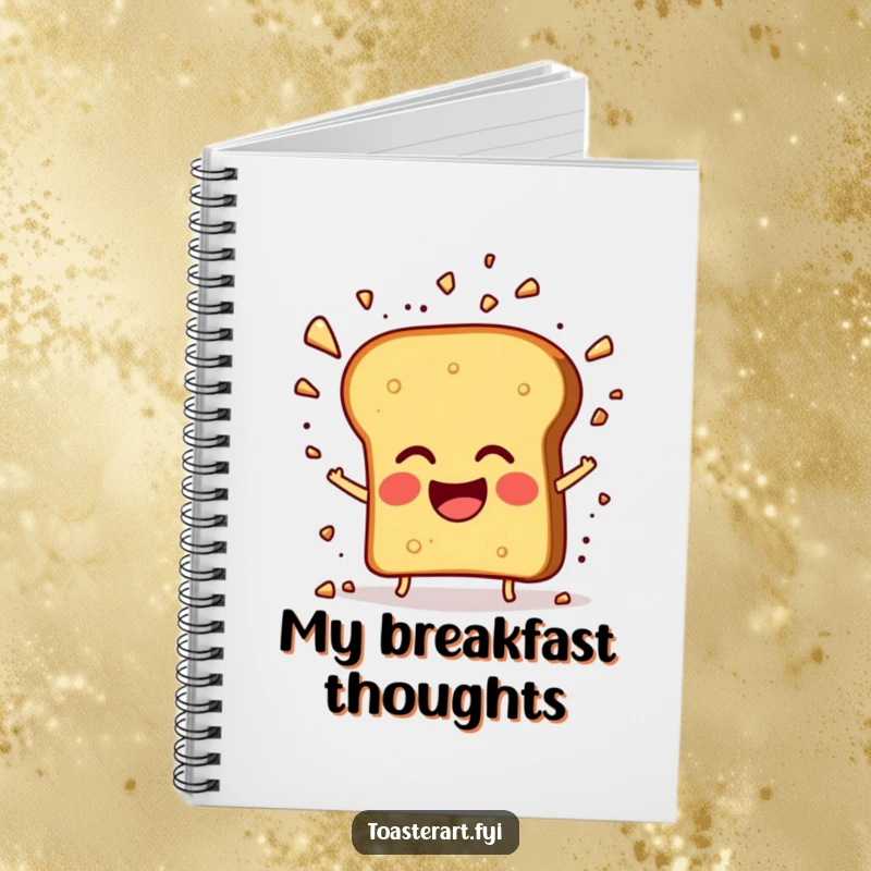 Funny notebook with a giggling toast character and crumb explosion, ideal for writing notes with humor.