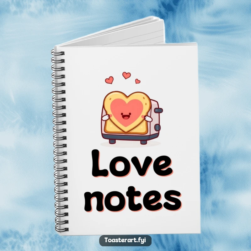 Funny notebook with a toaster character making heart-shaped toast art, perfect for jotting down loving thoughts.