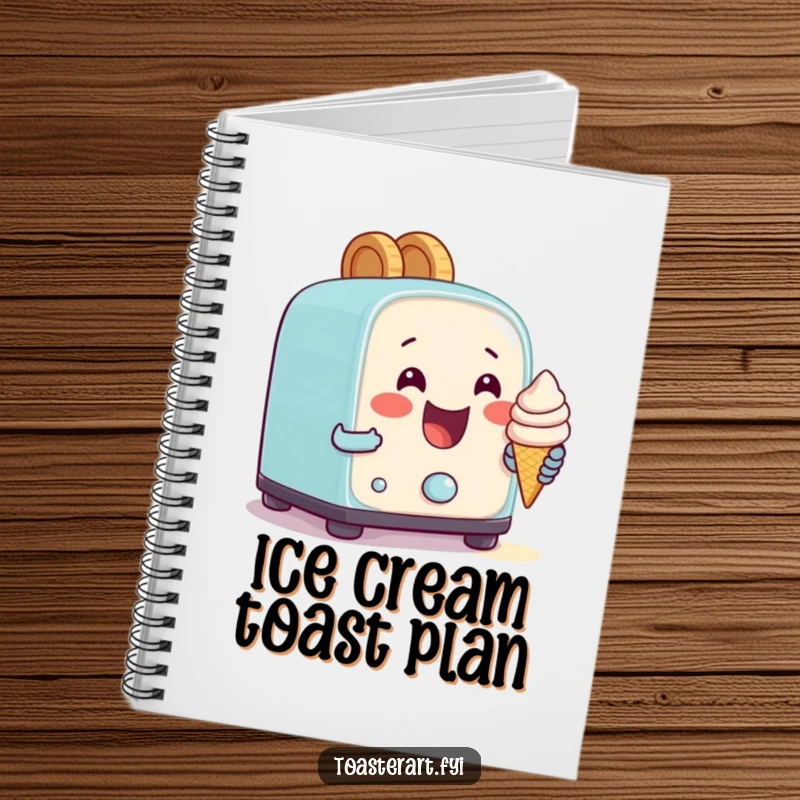 Funny notebook with a happy toaster character attempting to bake a tiny ice cream cone, for sweet and comedic notes.