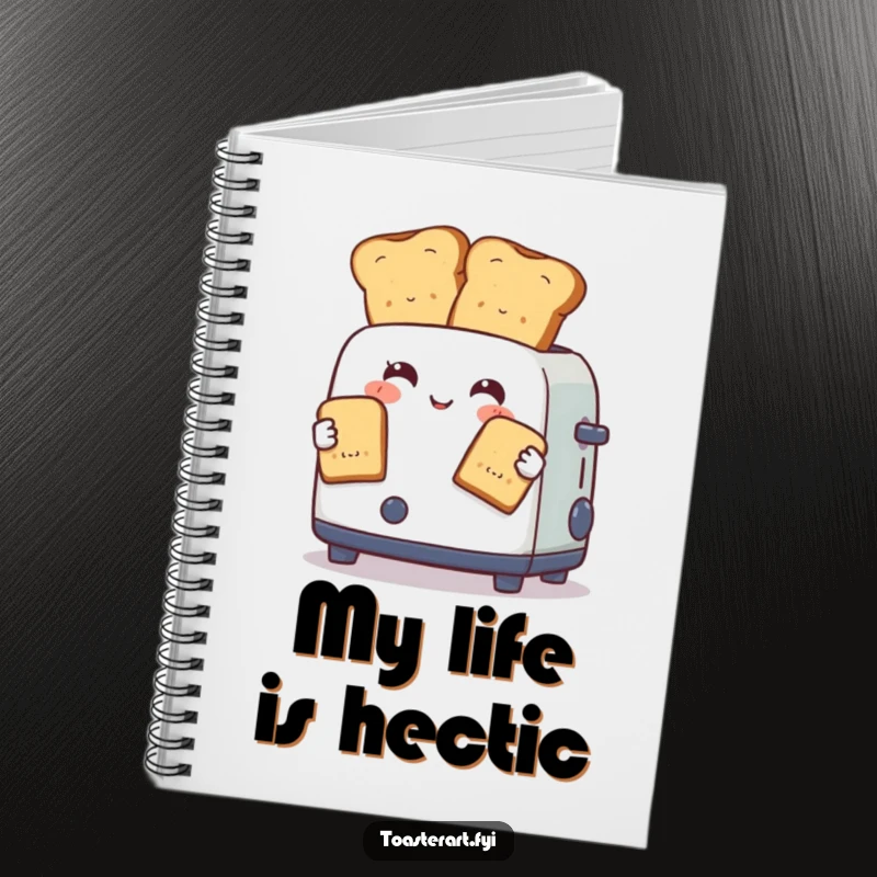 Funny notebook cover with a toaster character expertly juggling two perfectly browned toast slices, perfect for journaling and planning.