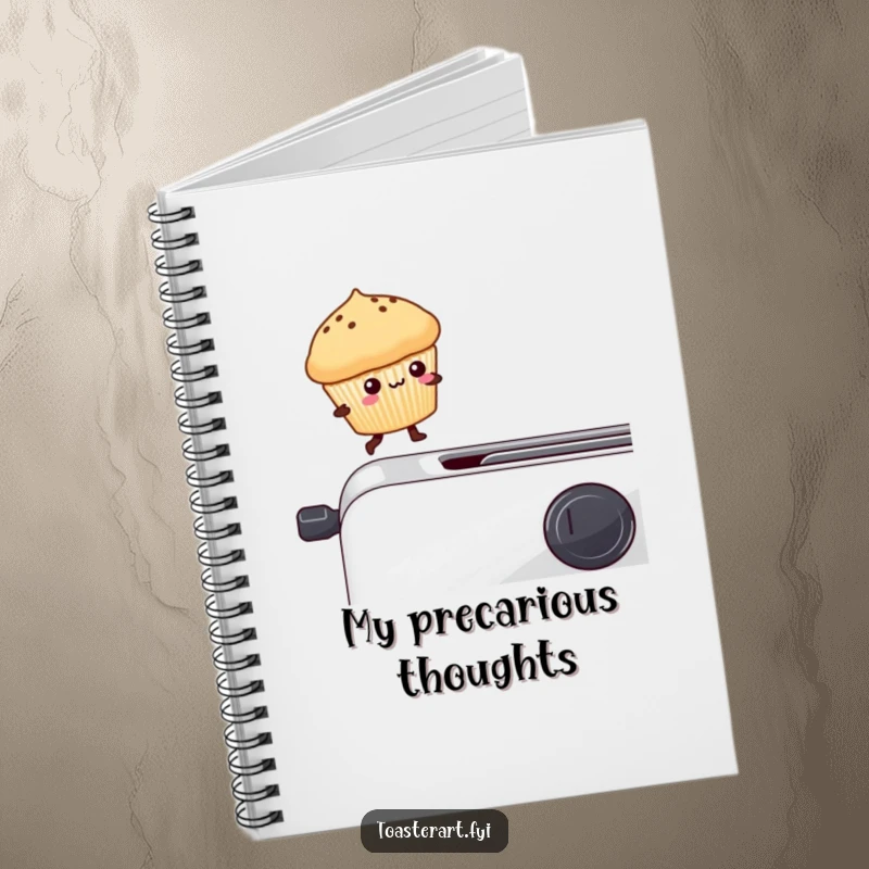 Funny kawaii muffin balancing on a toaster edge on a notebook cover, a humorous and practical stationery item.