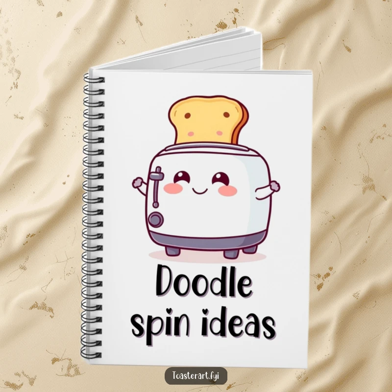 Funny Notebook with a smiling toaster character spinning toast, ideal for jotting down notes and playful inspiration.