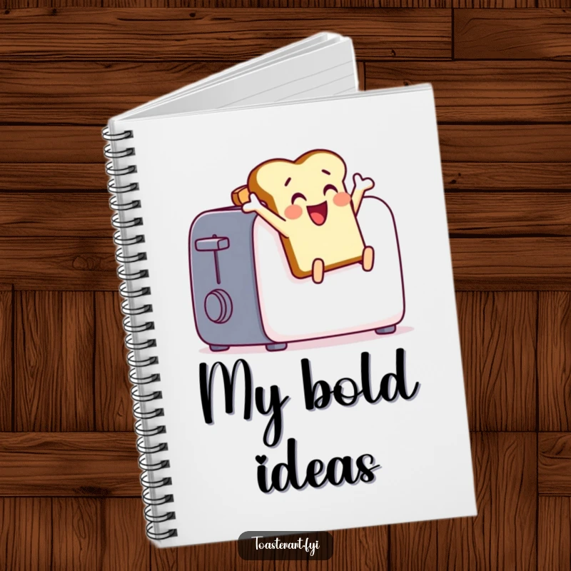 Funny toast character leaping from a toaster on a notebook cover, a humorous and practical stationery item.