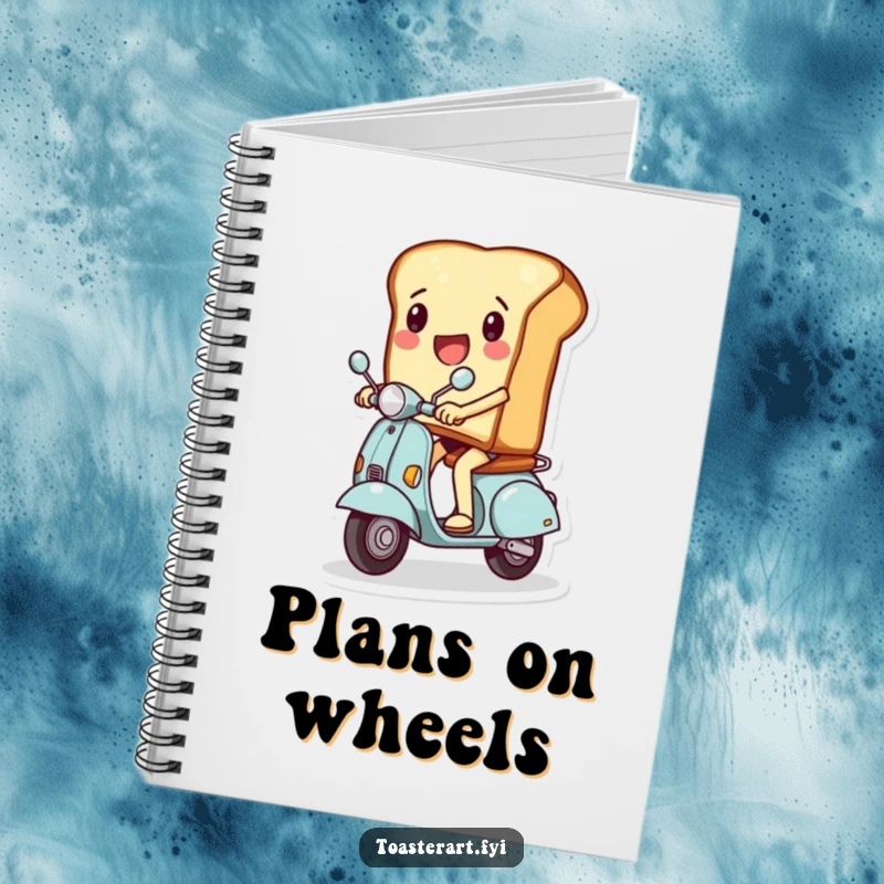 Funny notebook cover showing a slice of toast character excitedly riding a miniature scooter, inspiring fast and fun note-taking.