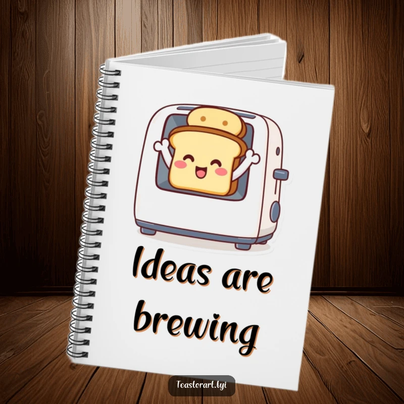 Funny notebook featuring a delighted toast character waving from inside a toaster, ideal for notes and creativity.