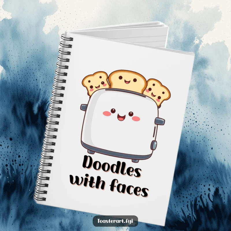 Funny notebook cover with a happy toaster character popping up toast slices with funny faces, perfect for jotting down notes.