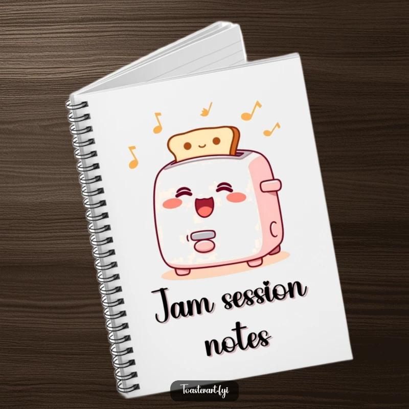 Funny notebook with a happy singing toaster character and rhythmically popping toast, perfect for jotting down musical thoughts.