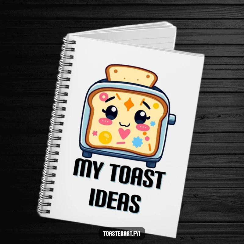 Funny Notebook with a playful toaster character creating colorful toast art on the cover, inspiring humorous thoughts and ideas.