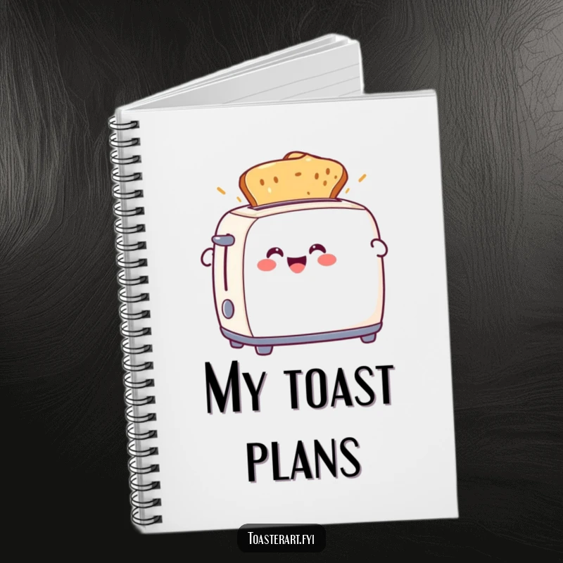 Funny notebook featuring a happy toaster character ejecting golden-brown toast on the cover. Great for jotting down ideas.
