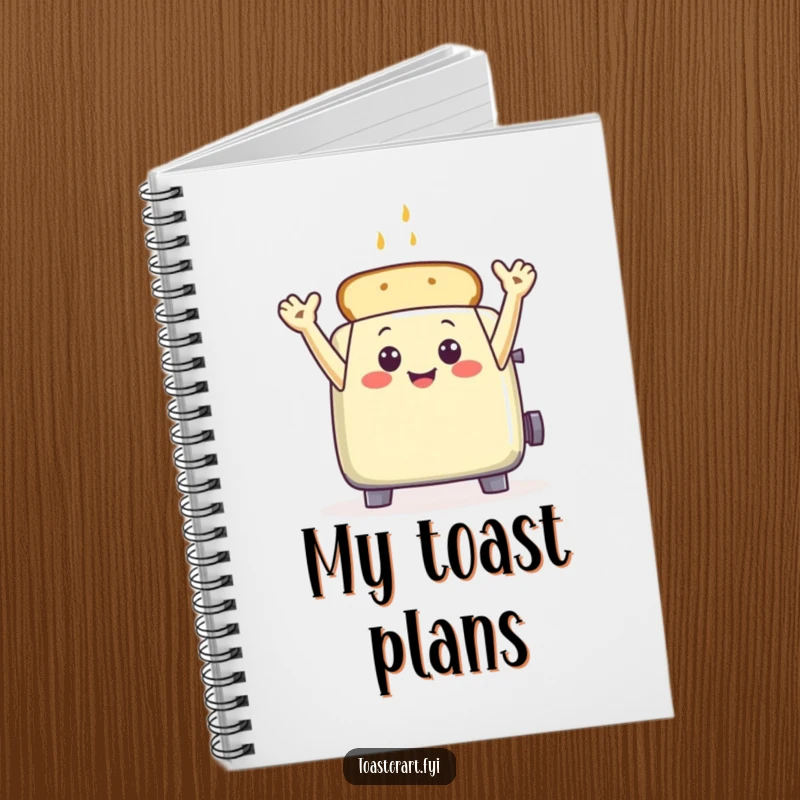 Funny toaster character waving with toast arms on a notebook cover, a humorous and practical stationery item.