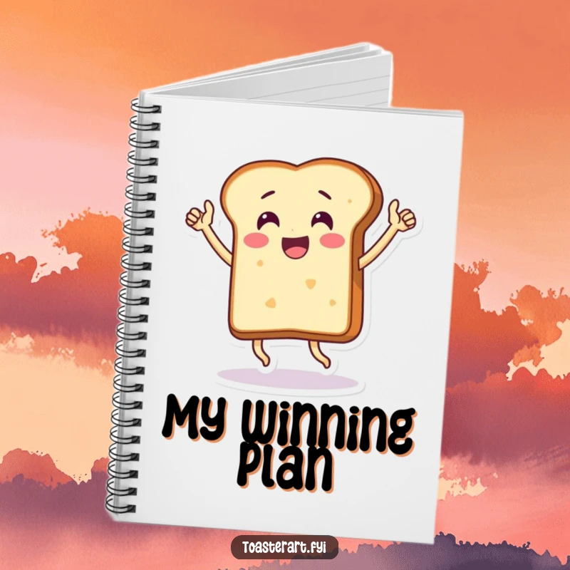 Funny notebook featuring a thrilled bread slice character doing a victory dance, ideal for notes and success tracking.