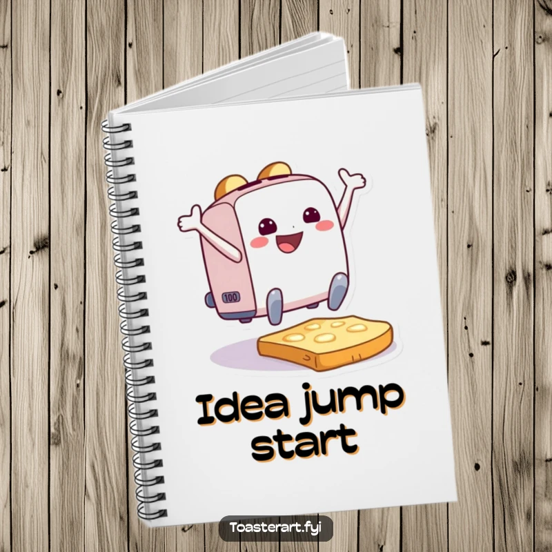 Funny Notebook with an ecstatic toaster character leaping onto toast, ideal for jotting down notes and happy thoughts.