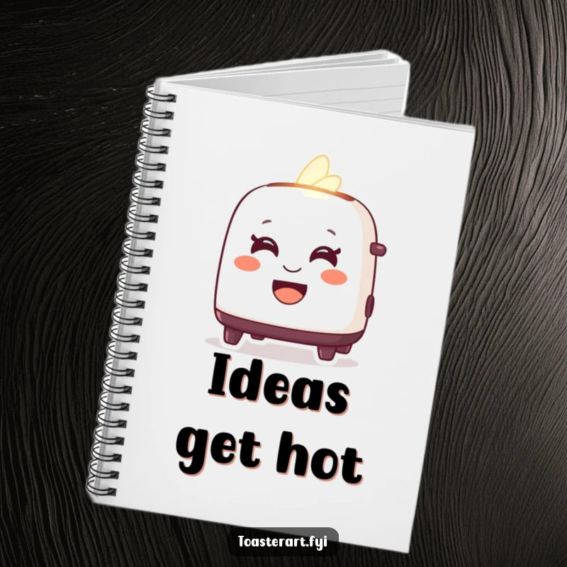 Funny notebook featuring a delighted toaster character glowing warmly with a friendly smile, ideal for jotting down cheerful notes.
