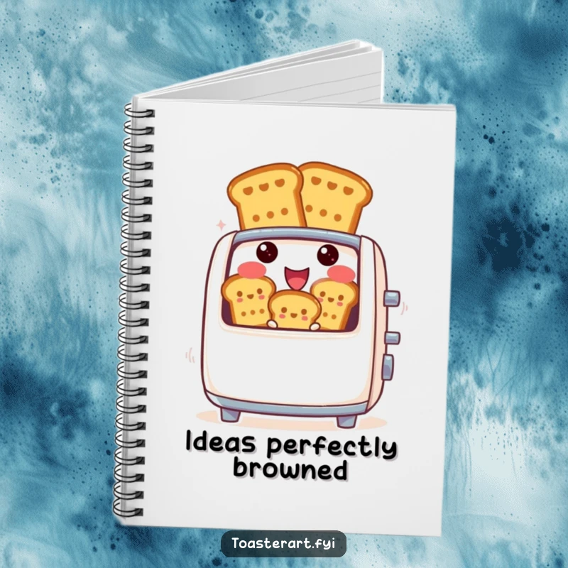 Funny notebook featuring a cheerful toaster character popping out toast figures, symbolizing bright ideas and creative thinking.