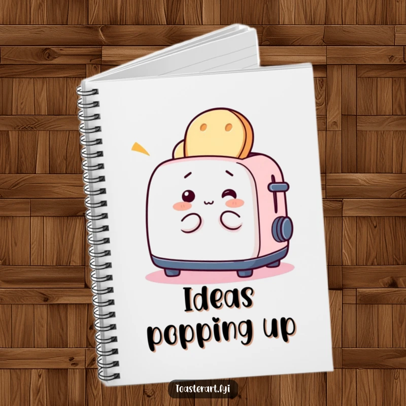 Funny notebook with a whimsical toaster character playing with bread, perfect for jotting down ideas with a breakfast theme.