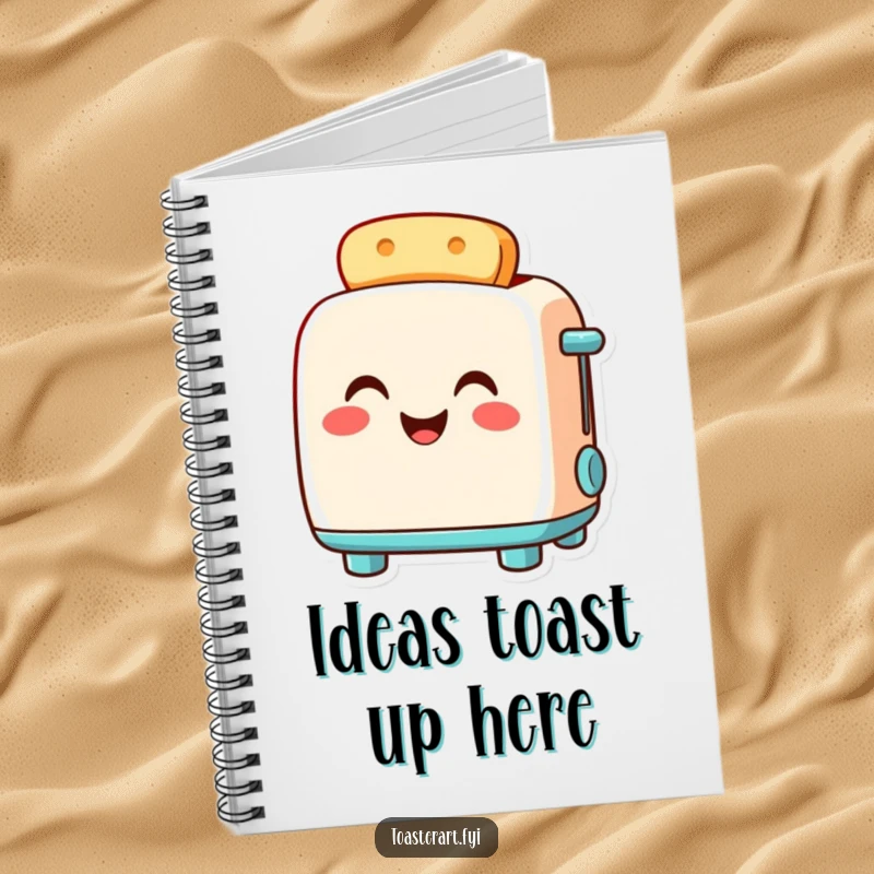 Funny toaster notebook showing a smiling toaster character glowing warmly with pride, perfect for capturing thoughts with humor.