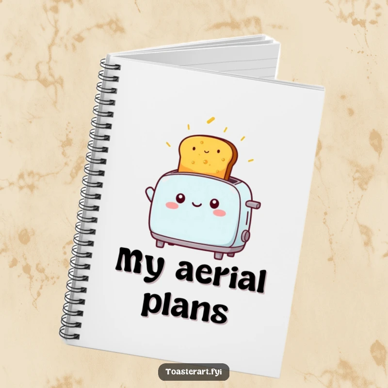 Funny kawaii toaster character launching golden toast, a humorous notebook for creative ideas.