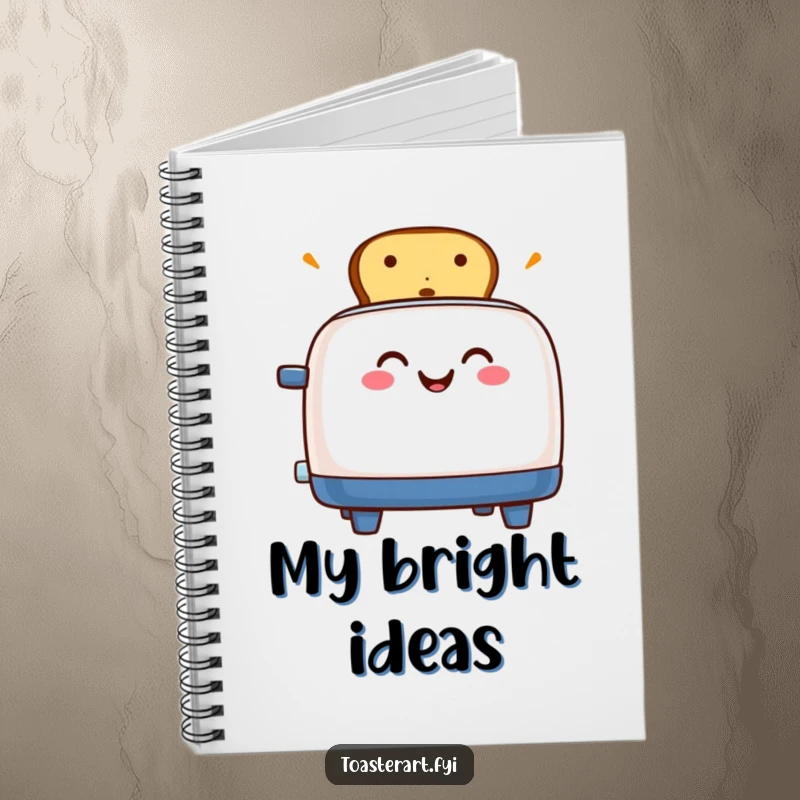 Funny notebook with a grinning toaster character excitedly popping toast, ideal for jotting down brilliant ideas.