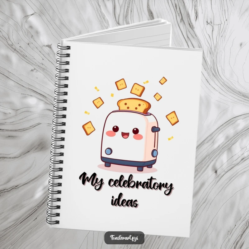 Funny cheerful toaster character ejecting toast slices like confetti, notebook cover, ideal for capturing festive thoughts and party plans.