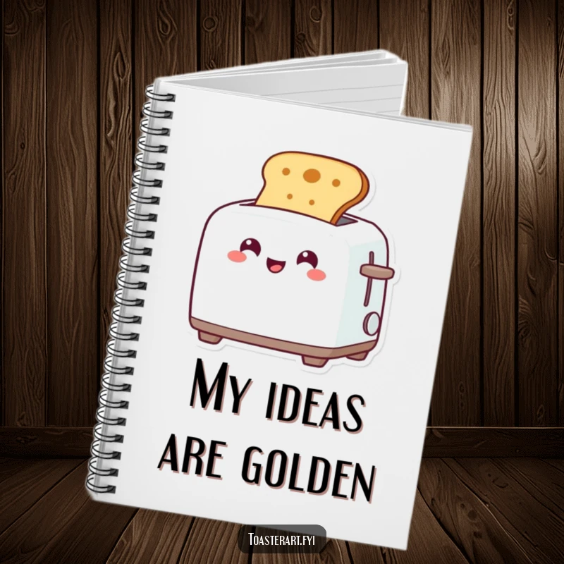 Funny notebook with a grinning toaster character popping up toast, designed for jotting down notes with a side of humor.