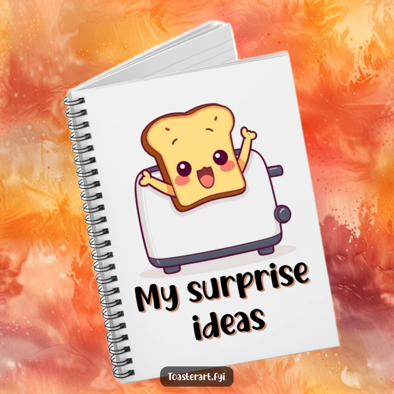 Funny notebook with a surprised toast character comically leaping out of a toaster on the cover. Great for notes and journaling.