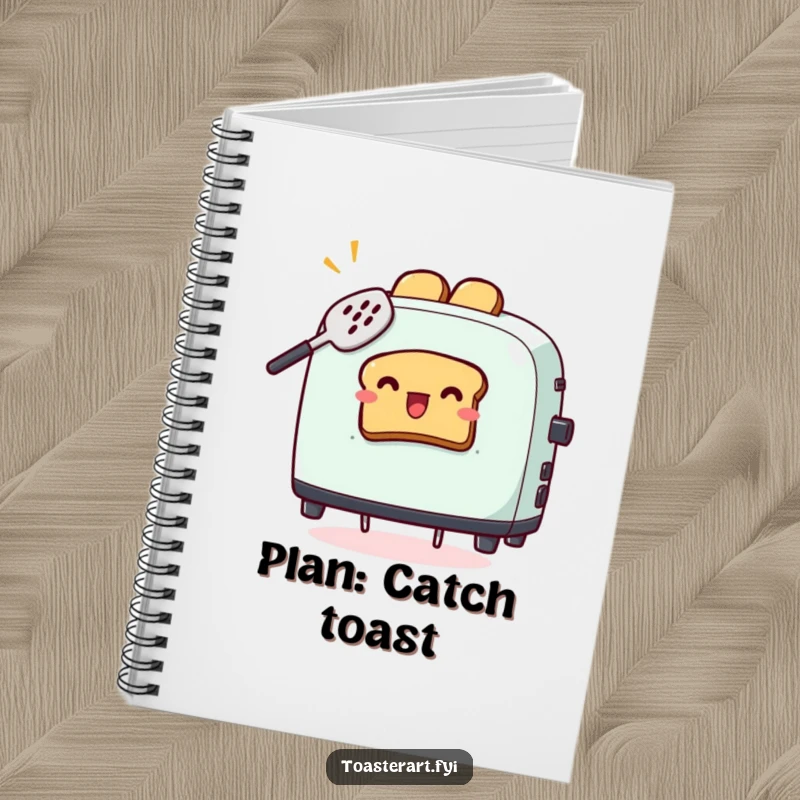 Funny notebook with a toaster character comically trying to catch flying toast with a spatula, ideal for jotting down chaotic thoughts.