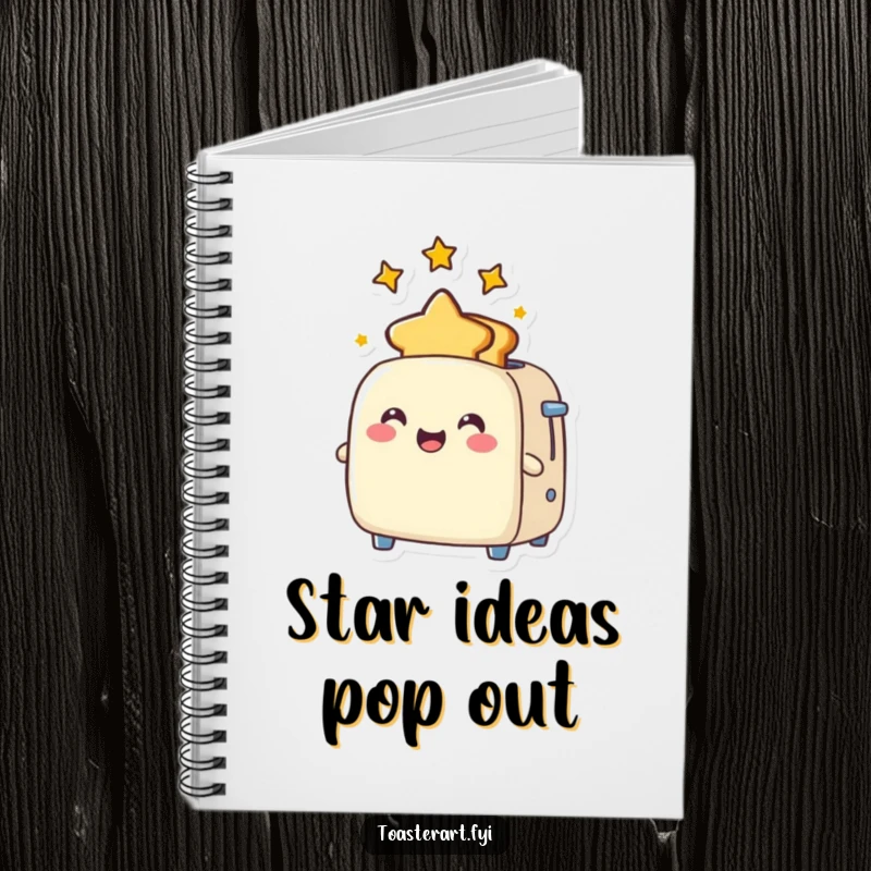 Funny Notebook with a joyful toaster character popping out star-shaped toast, ideal for jotting down notes and cosmic inspiration.