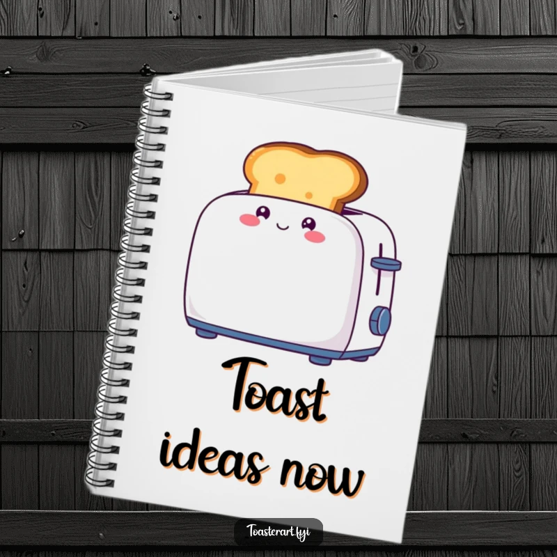 Funny notebook featuring a giggling piece of toast character popping out of a toaster, ideal for jotting down cheerful notes.