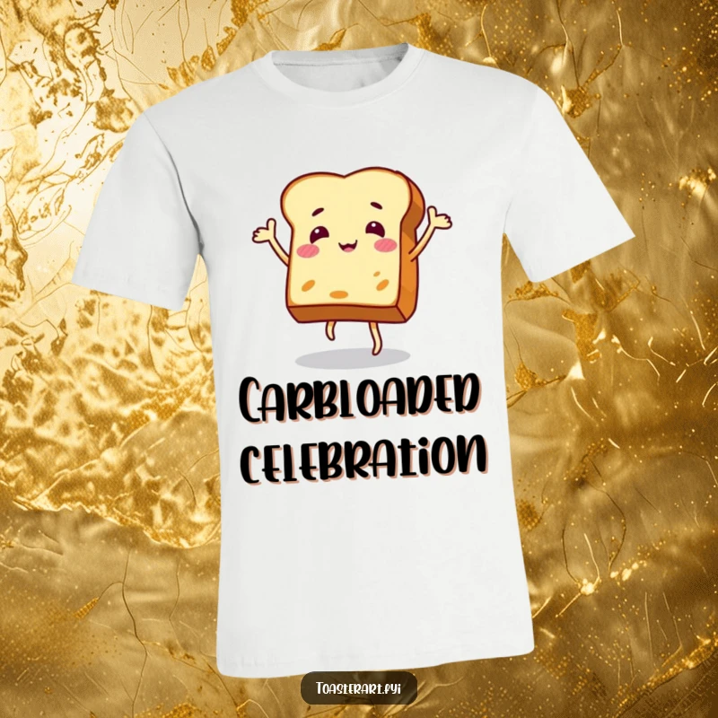 Funny t-shirt of a jovial toast slice doing an excited dance, radiating happiness and a love for carbs.