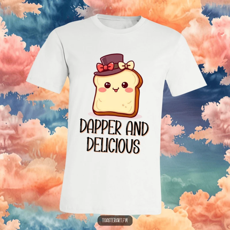 Funny t-shirt depicting a toast slice wearing a top hat, bowing with delight, perfect for a touch of fancy breakfast humor.
