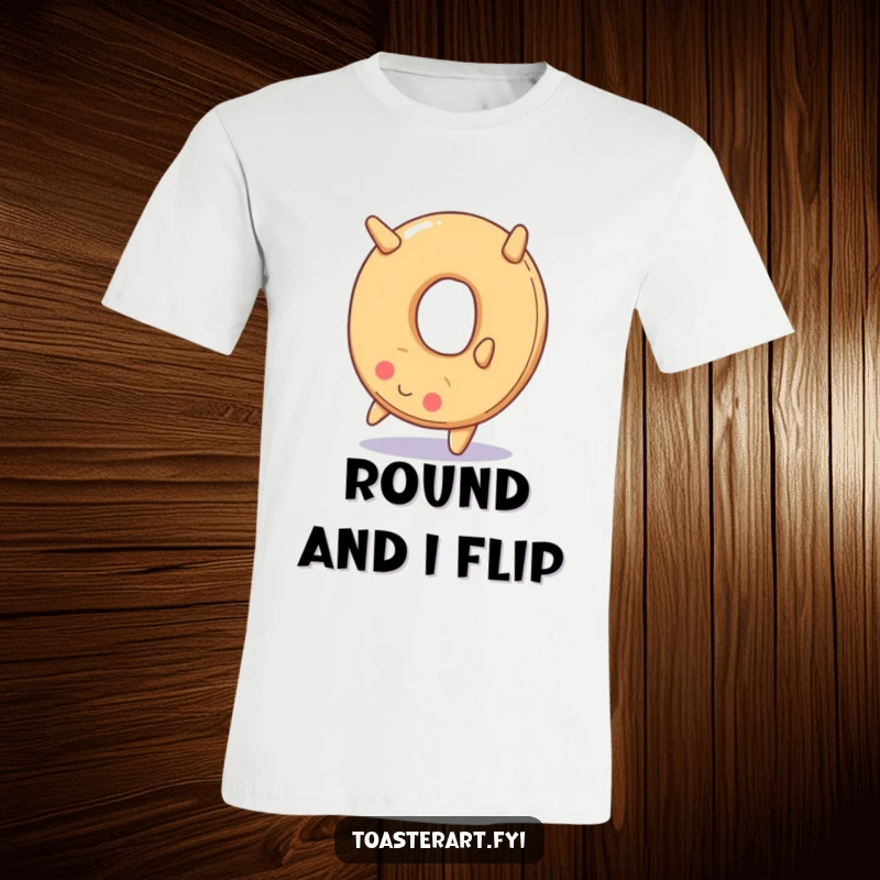 Funny t-shirt showing a smiling bagel doing a backward somersault, highlighting a playful and athletic breakfast food character.