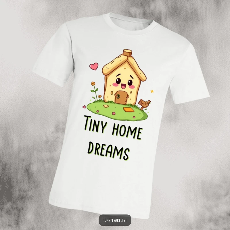 Funny t-shirt graphic of a bread crumb character comically trying to build a tiny house, embodying effort and miniature construction.