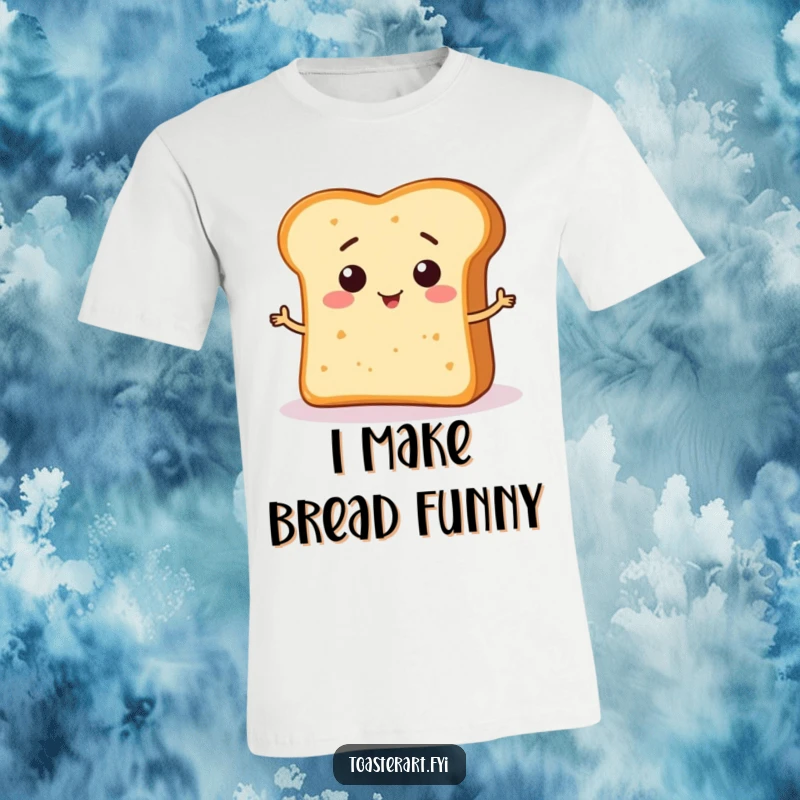 Funny T-Shirt showcasing a happy bread crumb character creating a funny, abstract shape on a piece of bread, a whimsical foodie design.