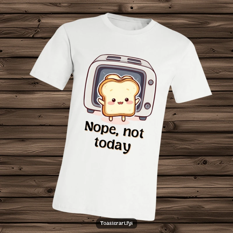 Funny T-Shirt: Fluffy bread slice character comically pushes toast back into a toaster, a humorous intervention.