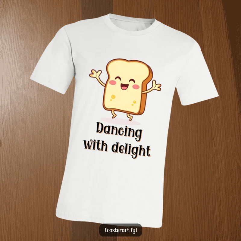 Funny slice of toast energetically dancing with its buttery arms spread wide, featured on a t-shirt, exuding pure joy.