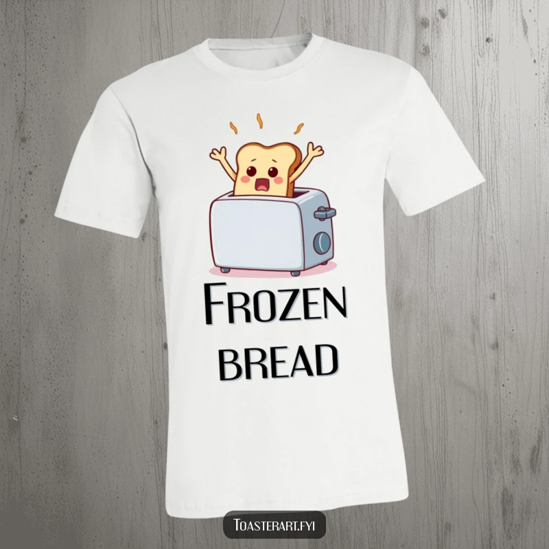 Funny T-Shirt showing a scared piece of toast comically frozen mid-air after popping from a toaster, a moment of breakfast shock.