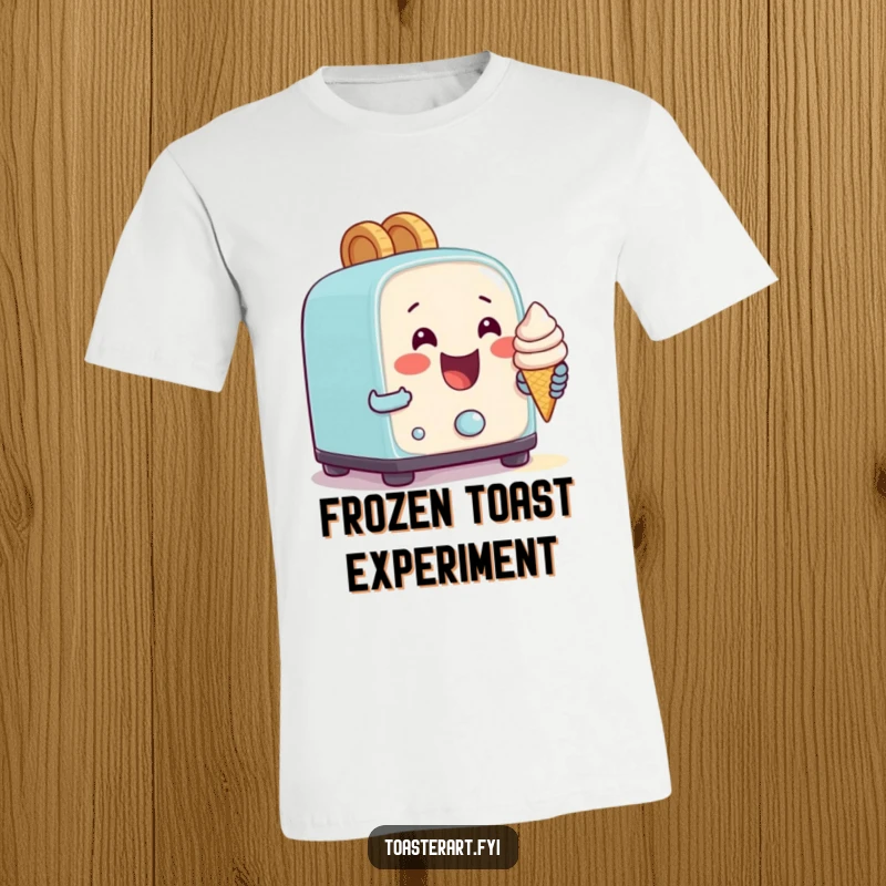 Funny t-shirt featuring a happy toaster character gleefully attempting to bake a tiny ice cream cone, a comical dessert adventure.