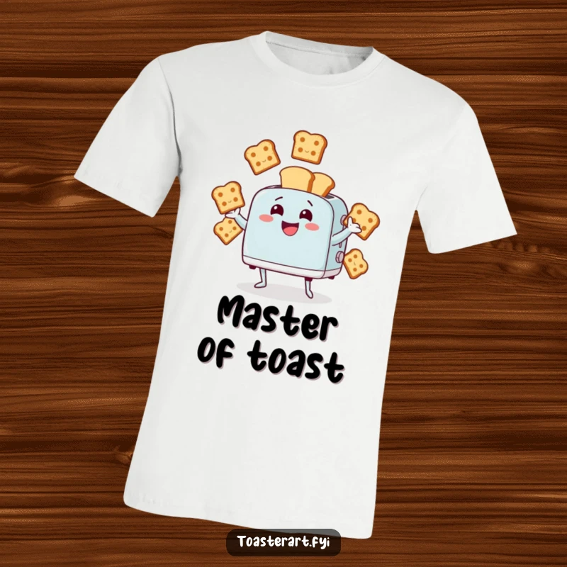 Funny t-shirt depicting a giggling toaster character juggling several bread slices. Humorous apparel for breakfast lovers.