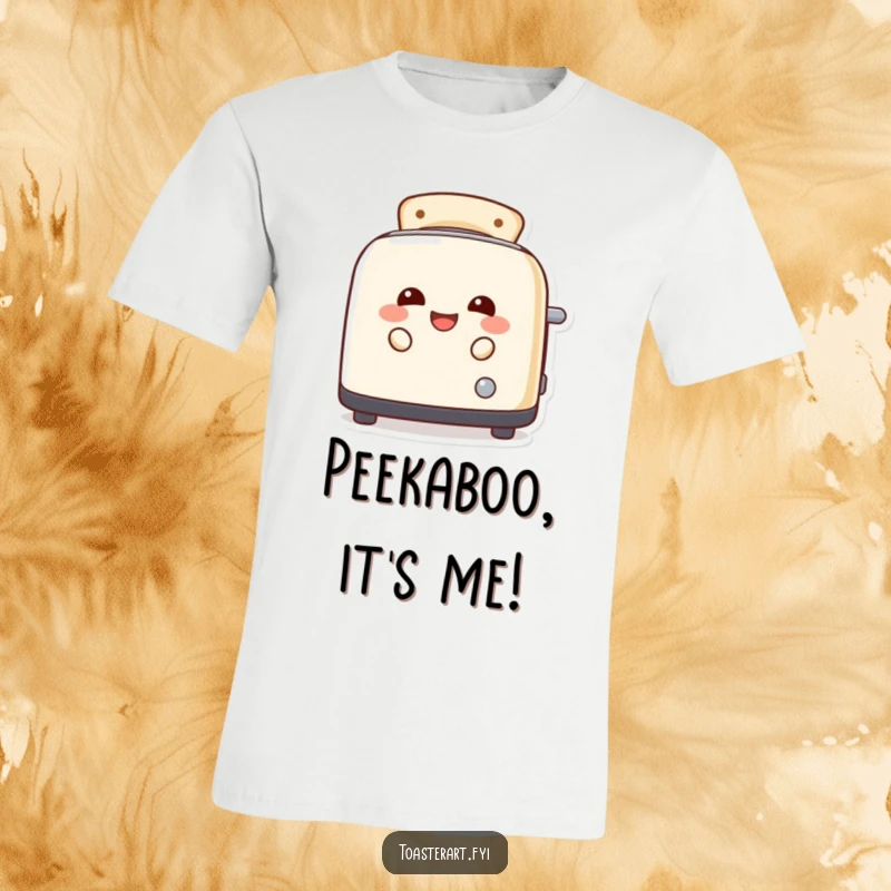 Funny toaster character laughing and peeking out from its slots, printed on a t-shirt for a humorous, eye-catching look.