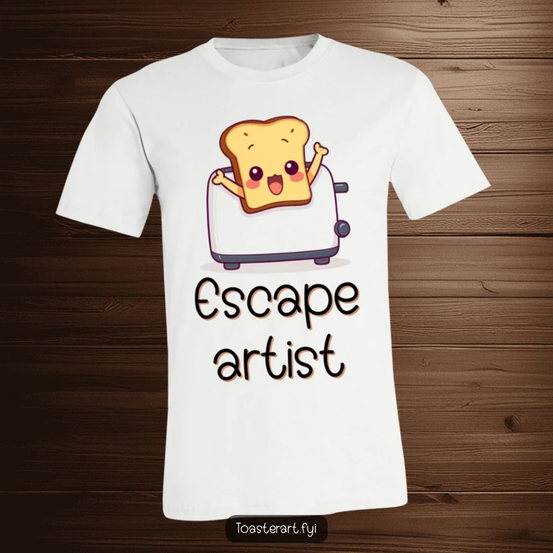 Funny t-shirt depicting a surprised toast character comically leaping out of a toaster. Humorous apparel for breakfast lovers.
