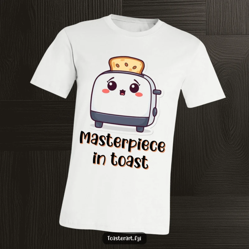 Funny toaster character with a look of surprise at toast resembling art, printed on a t-shirt for a creative, humorous look.