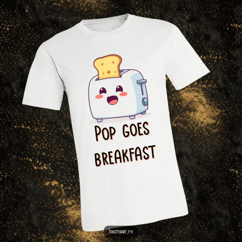 Funny T-Shirt: Cheerful toaster character ejecting toast with a surprised expression, great for morning laughs.