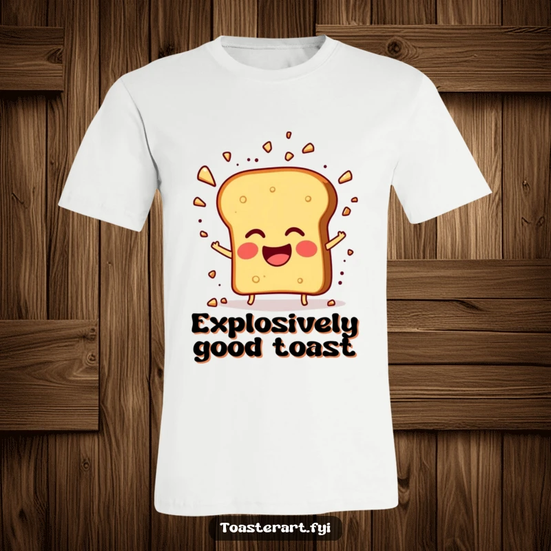 Funny t-shirt featuring a giggling toast character with crumbs exploding in a joyful mess, a hilarious wearable treat.