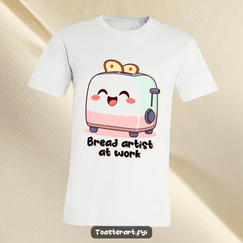 Funny t-shirt showing a giggling toaster character creating amazing toast art with its slots, a wearable joke.