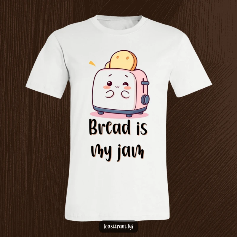 Funny t-shirt depicting a whimsical toaster character having fun with bread slices, celebrating breakfast and playful moments.
