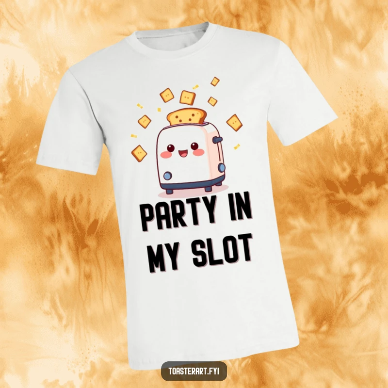 Funny cheerful toaster character ejecting golden toast slices like confetti, featured on a t-shirt, bringing a party vibe.